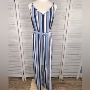 Ambiance Vertical Stripe Blue & White Jumpsuit with Belt